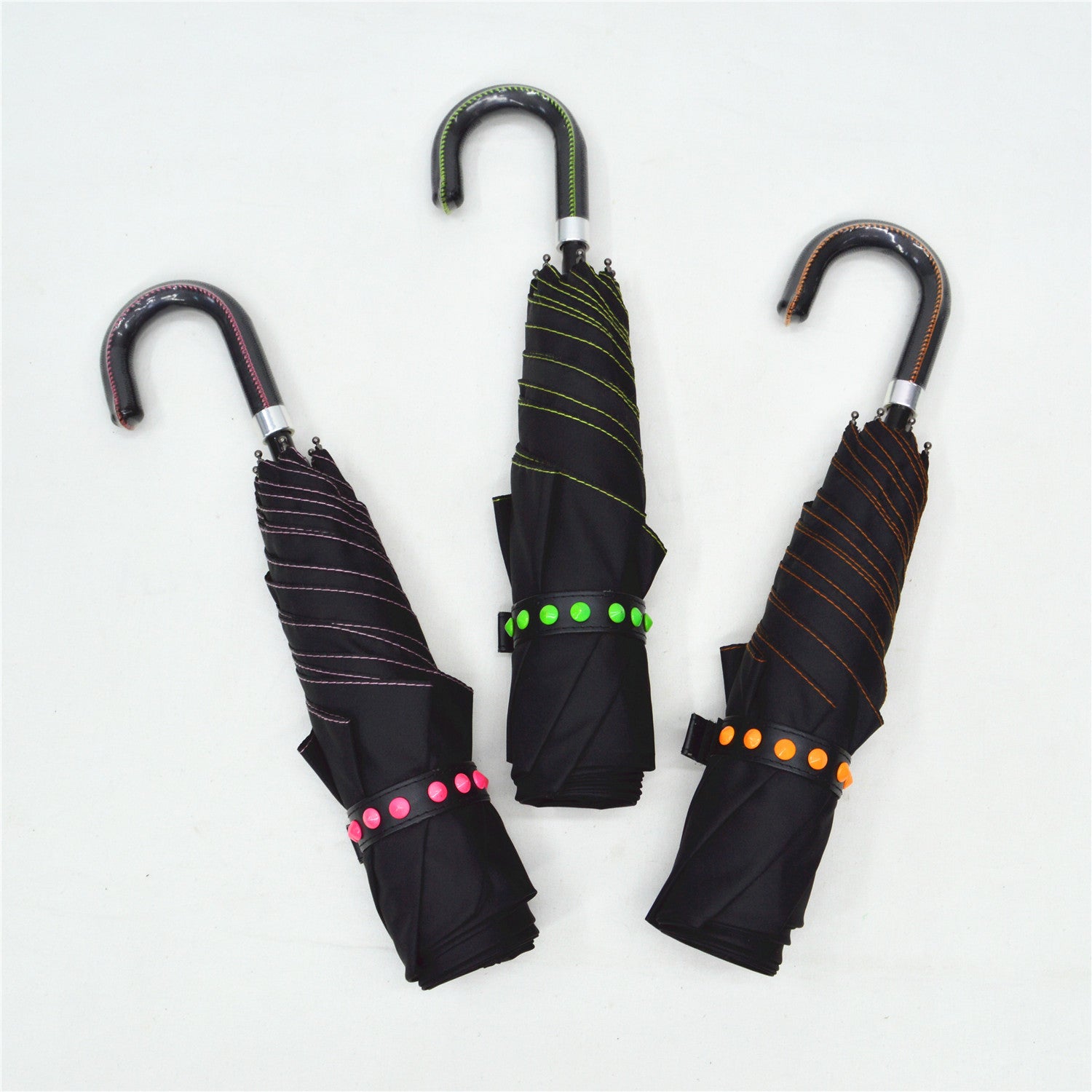 KF-3342 Fashion 3 fold manul open umbrella with imitation leather trimming handle