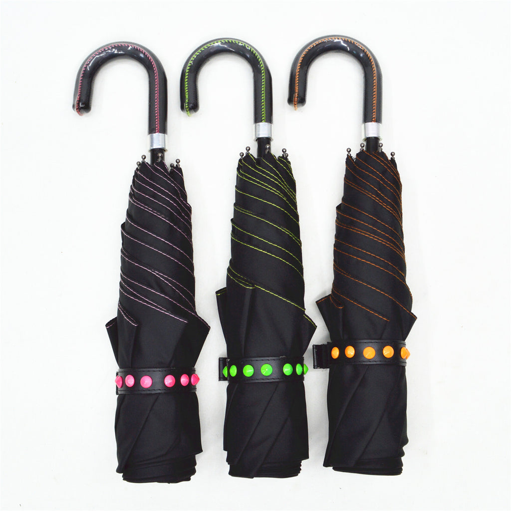 KF-3342 Fashion 3 fold manul open umbrella with imitation leather trimming handle