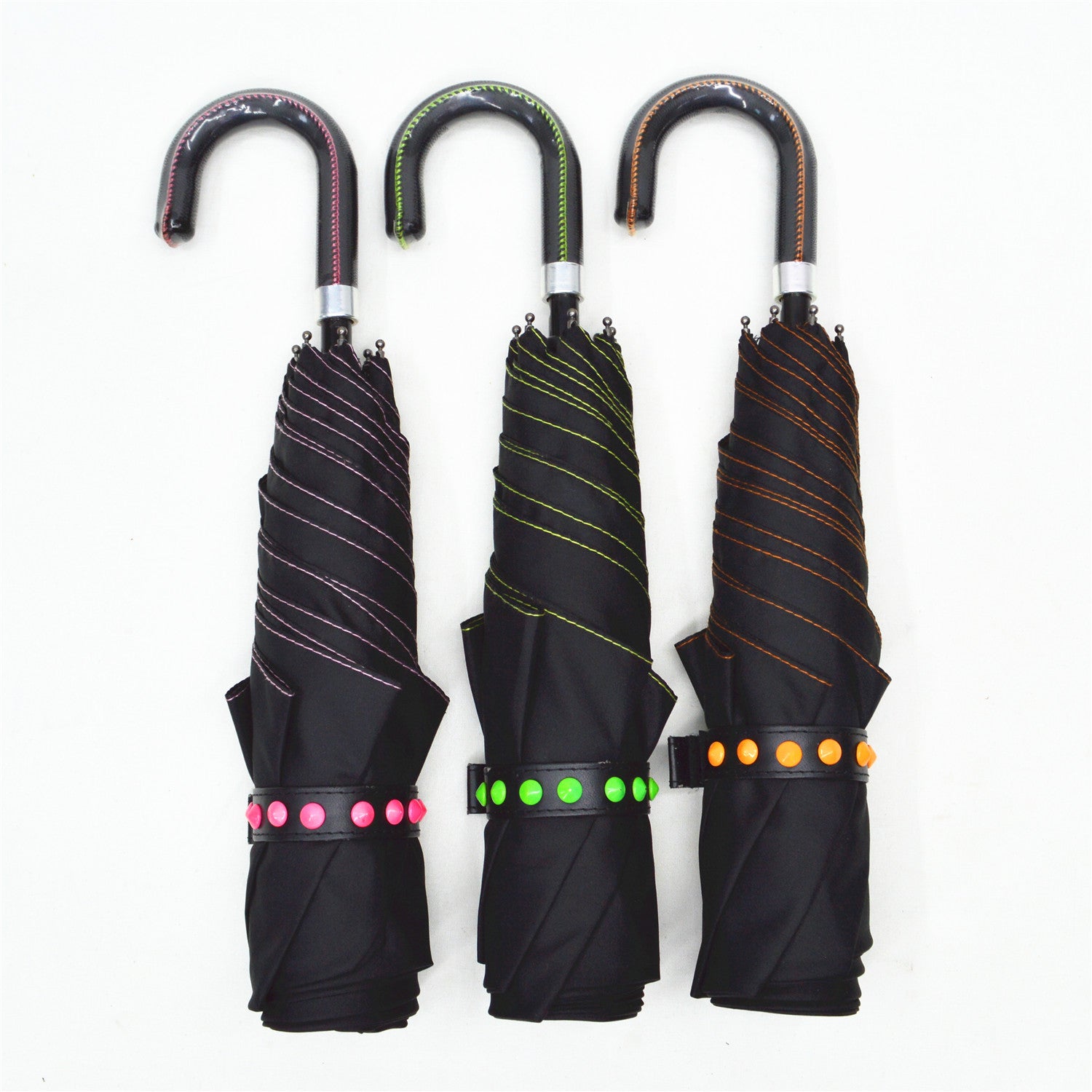 KF-3342 Fashion 3 fold manul open umbrella with imitation leather trimming handle